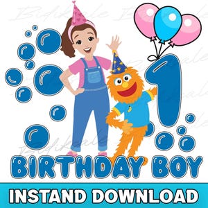 Puede incluir: Ilustración digital para una celebración de primer cumpleaños. Presenta una niña y un monstruo naranja peludo con sombreros de fiesta, con un gran número uno azul, globos y burbujas. También están presentes las palabras "BIRTHDAY BOY" e "INSTAND DOWNLOAD".