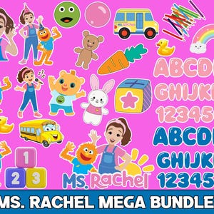 May include: A collection of colorful cartoon stickers and graphics on a pink background. Includes characters, a school bus, a rainbow, letters, and numbers. The text "MS. RACHEL MEGA BUNDLE" is at the bottom.