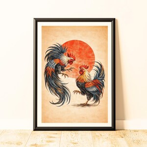 Póster de arte mural de gallo japonés y sol naciente