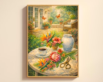 Tropical Floral Wall Art with Hummingbird