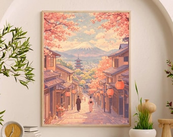 Japanese Cherry Blossom Street Wall Art Print