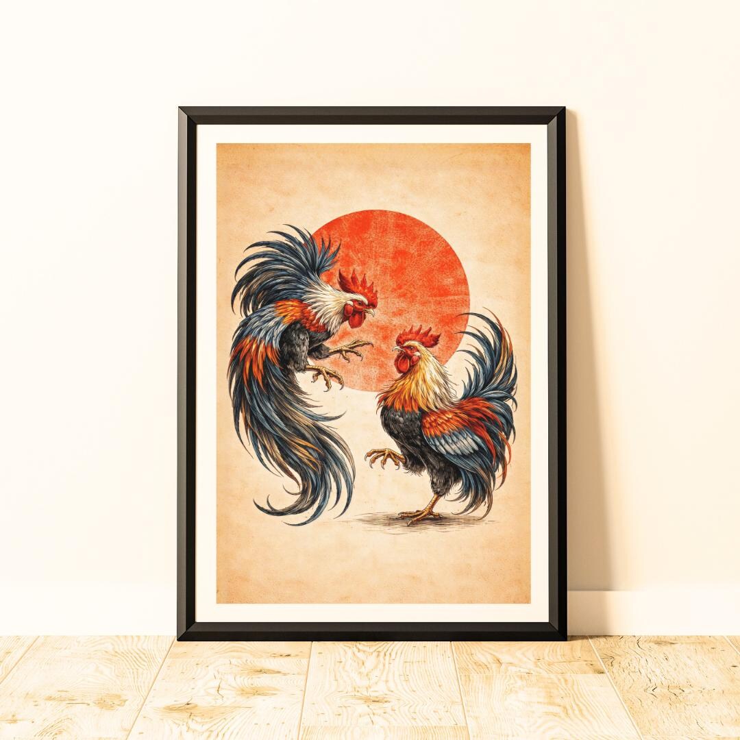 Japanese Rooster Wall Art Rising Sun Poster - Etsy