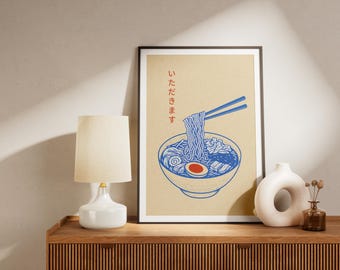 Pôster digital para cozinha com estampa de ramen, comida japonesa.
