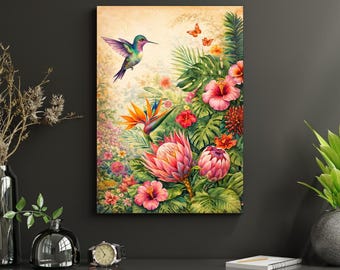 Tropical Botanical Wall Art with Hummingbird and Exotic Flowers