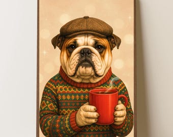 Cozy Bulldog Art Print – Winter Dog Decor Digital Download