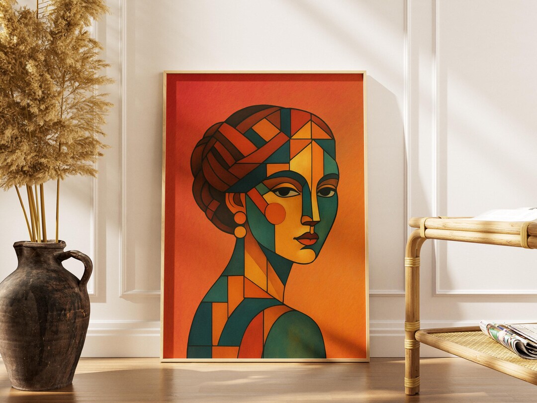 Cubist Woman Portrait – Modern Geometric Abstract | Terracotta & Teal ...