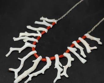 White & Red Coral Necklace, 18 Inch Silver Necklace