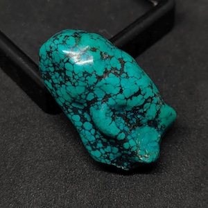 May include: A polished turquoise gemstone featuring a vibrant cyan-blue colour with an intricate network of dark brown and black matrix veins running throughout the stone, creating a distinct web-like pattern across its smooth, rounded surface.