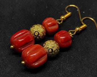 Carved Red Coral Earrings, Italian Brass Briolette Jewelry