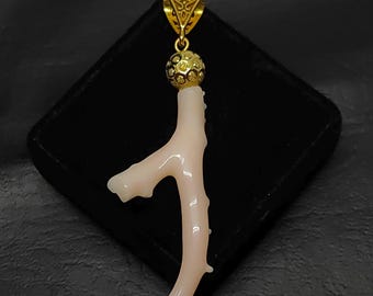 Collier pendentif arbre corail blanc naturel, laiton doré fait main (75 mm)