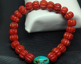 Pulsera de coral rojo con forma de melón - Pulsera elástica hecha a mano con coral rojo italiano natural - Cuentas de piedras preciosas talladas - Longitud ajustable de 18 a 20 cm