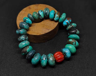Pulsera redonda de coral rojo turquesa natural (ajustable de 7 a 8 pulgadas)