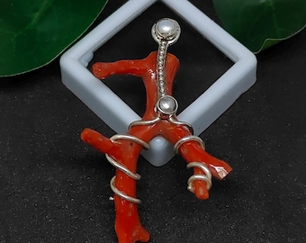 Flower Wire Wrapped Coral Pendant, Sterling Silver, Italy Coral