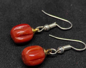 Natural Italian Red Coral Melon Shape Beads Brass Drop Earrings-Handcrafted Statement Jewelry-Handmade Italian Coral Gold Brass Briolette