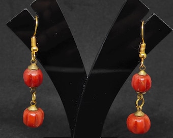 Natural Red Coral Brass Earring-Vintage Red Coral Melon Shape Carved Gold Brass Earring-Handmade Italian Coral Gold Brass Briolette Jewelry
