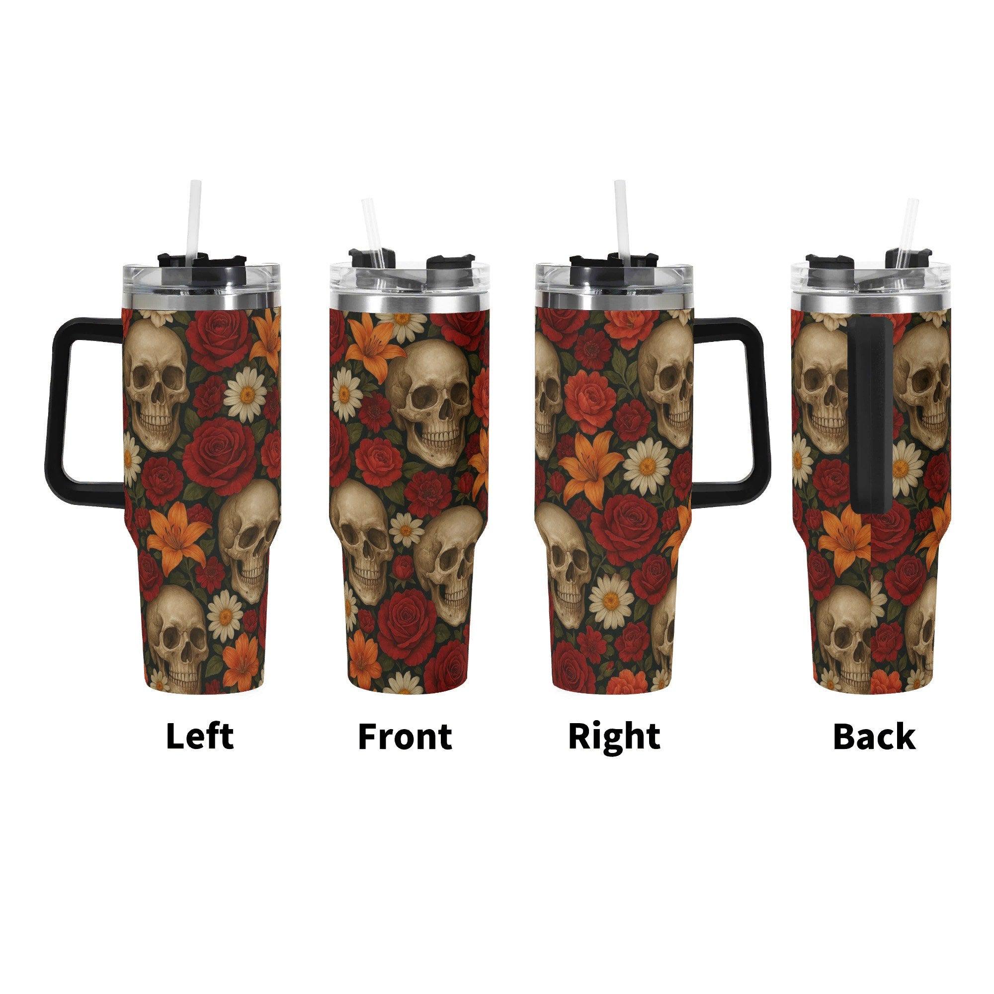 Skulls in Bloom 40oz Stainless Steel Tumbler With Handle and Straw - Thumbnail 2