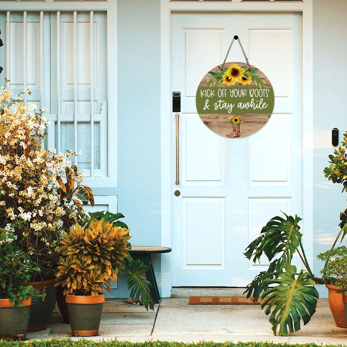 Country Charm Sunflower 'Kick Off Your Boots' Round Wooden Door Hanger - Thumbnail 2