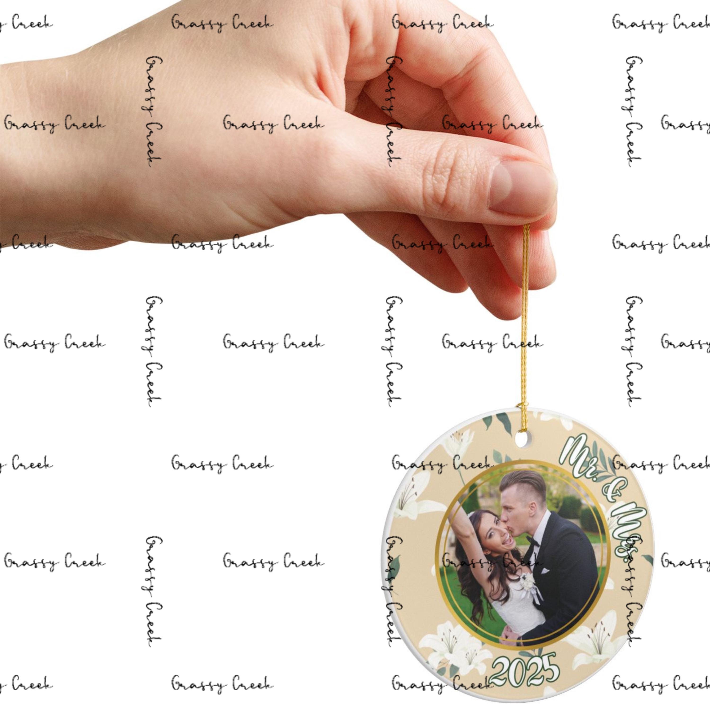 Personalized White Floral Wedding Ornament, Mr & Mrs, Newlywed Gift, Christmas Keepsake, Engagement Celebration - Thumbnail 2