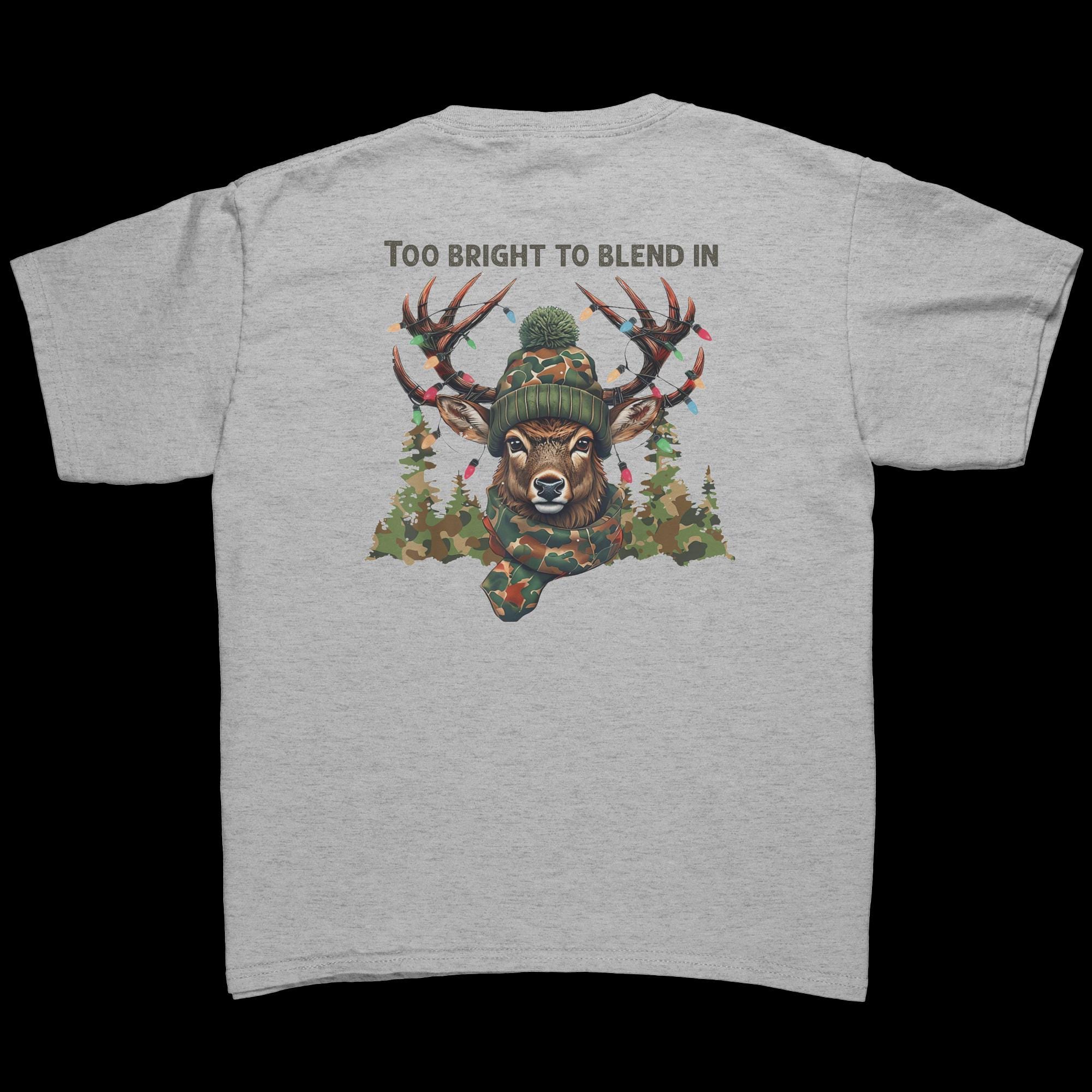 Kids Holiday Deer T-Shirt – Antlers & Christmas Lights Fun – Too Bright to Blend In