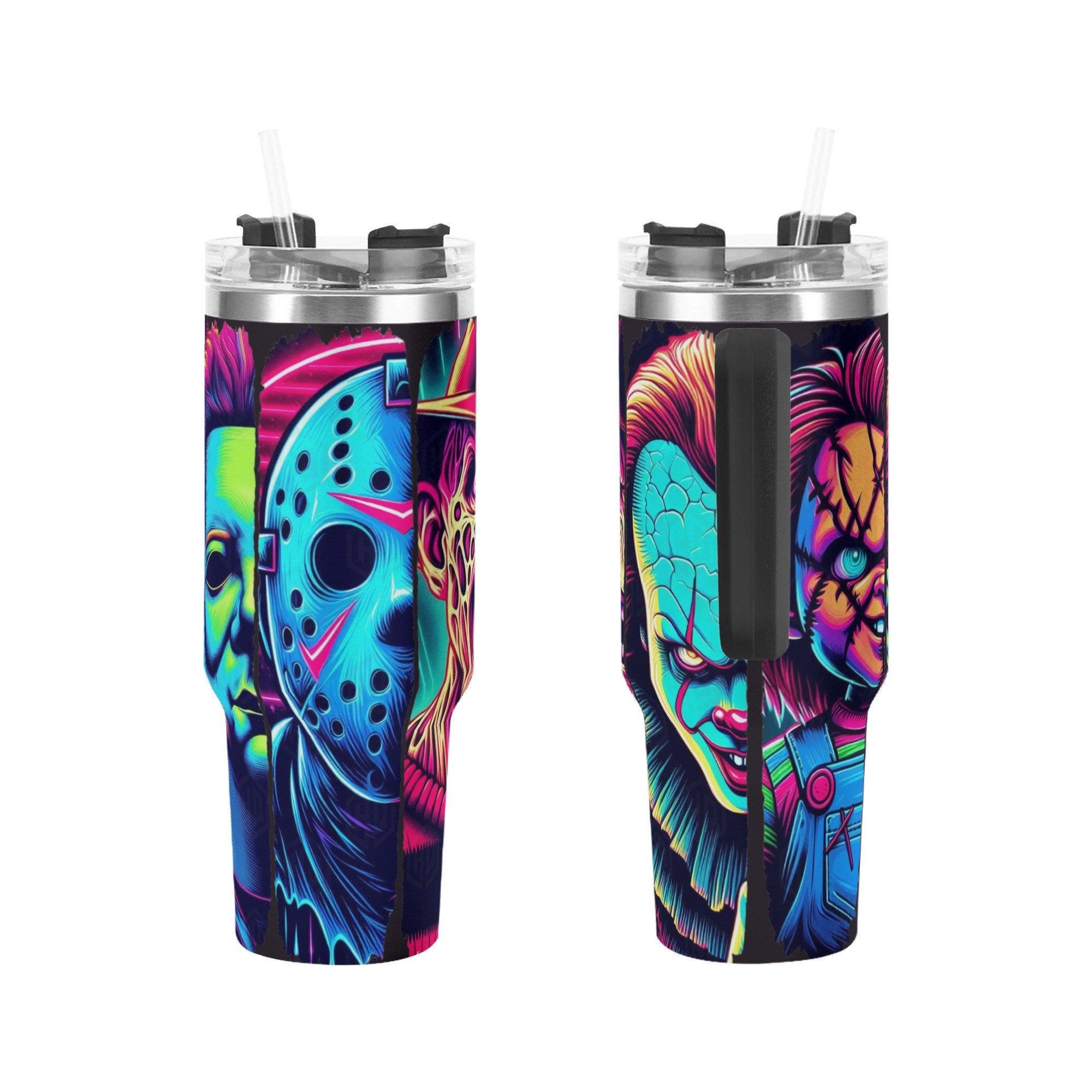 Neon Nightmare Legends Halloween Horror 40oz Insulated Stainless Steel Tumbler with Handle and Straw - Thumbnail 3