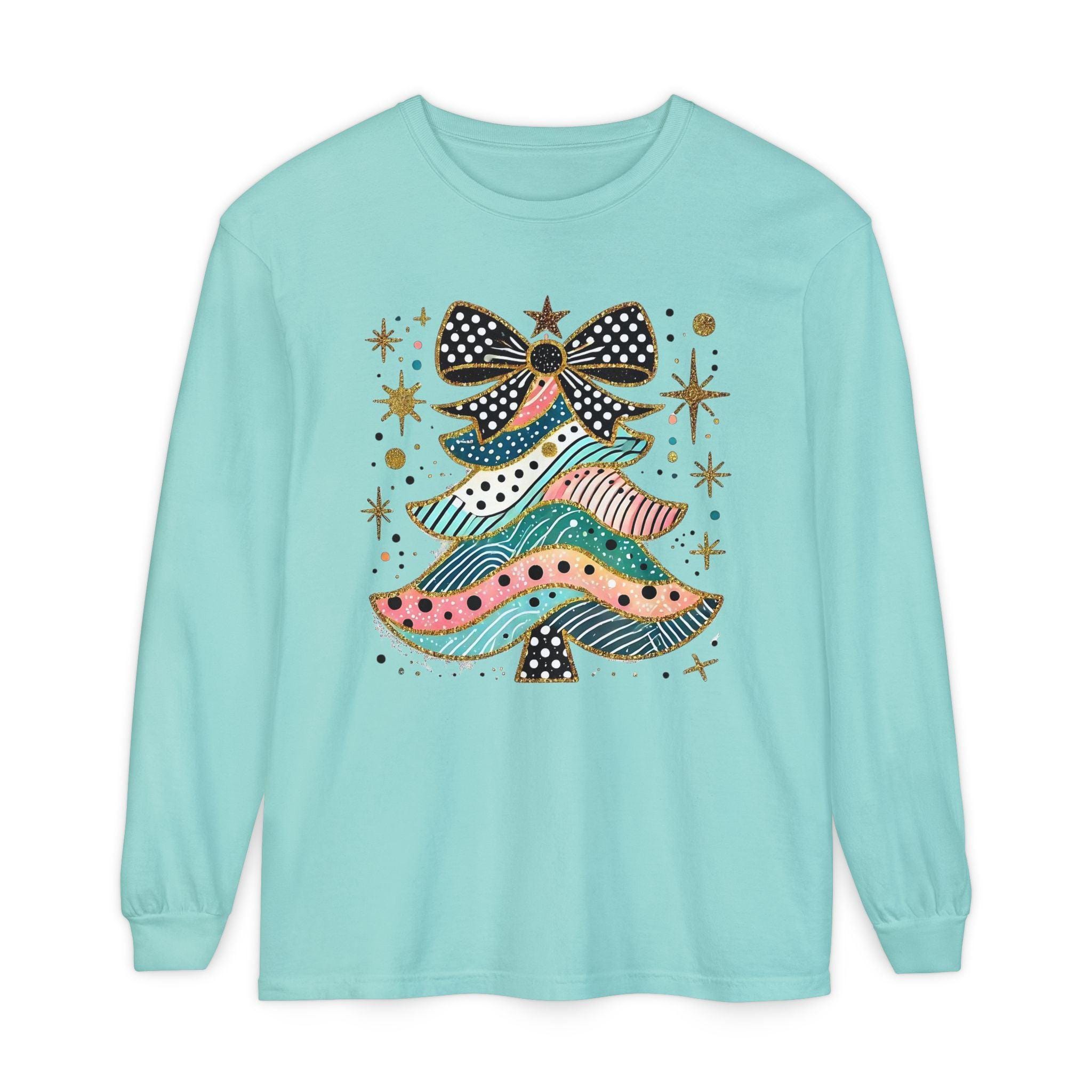 Pastel Polka Dot Glitter Christmas Tree Women's Long Sleeve T-Shirt - Thumbnail 2