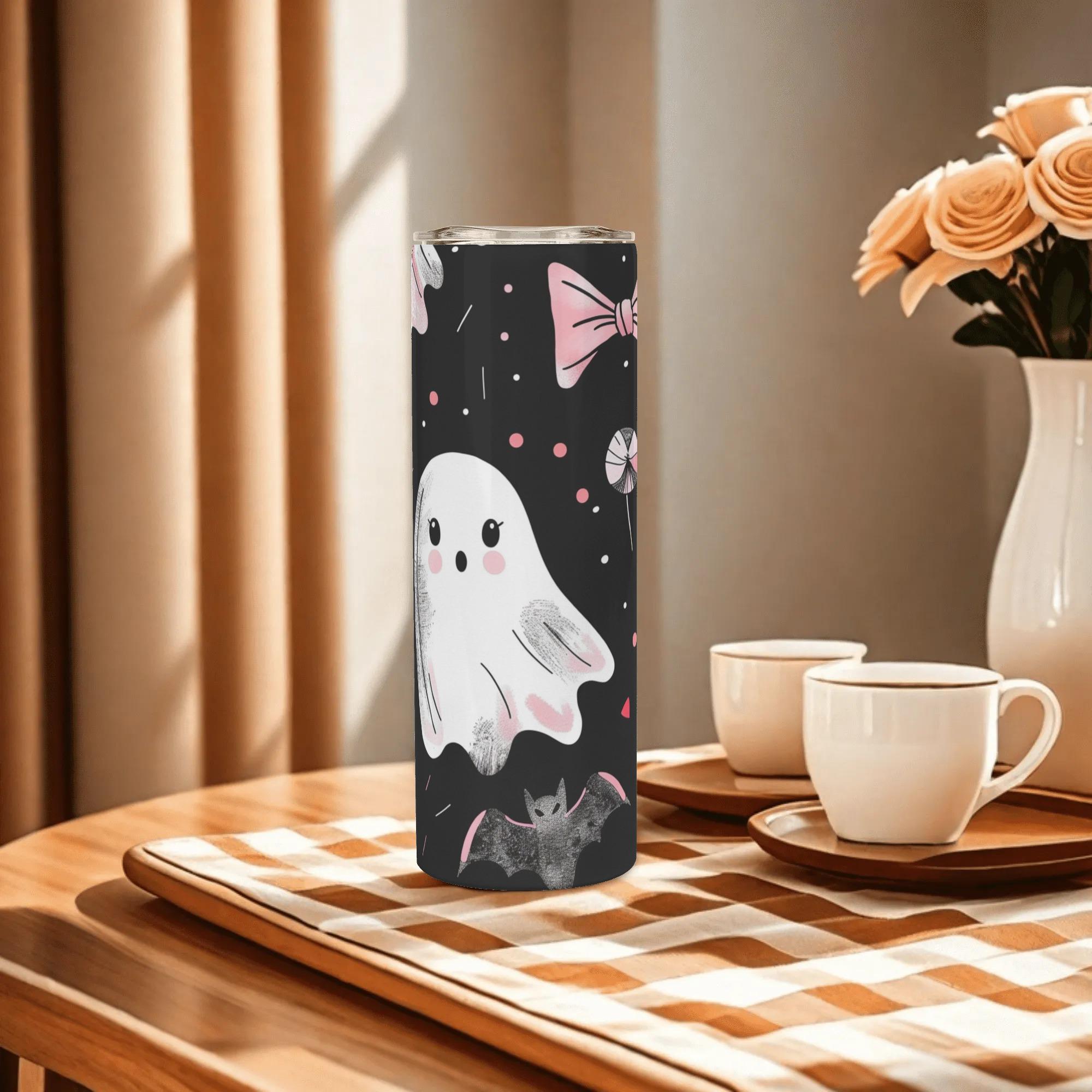 Ghosts & Bats with Pink Accents Girly Halloween 20oz Skinny Stainless Steel Tumbler - Thumbnail 5