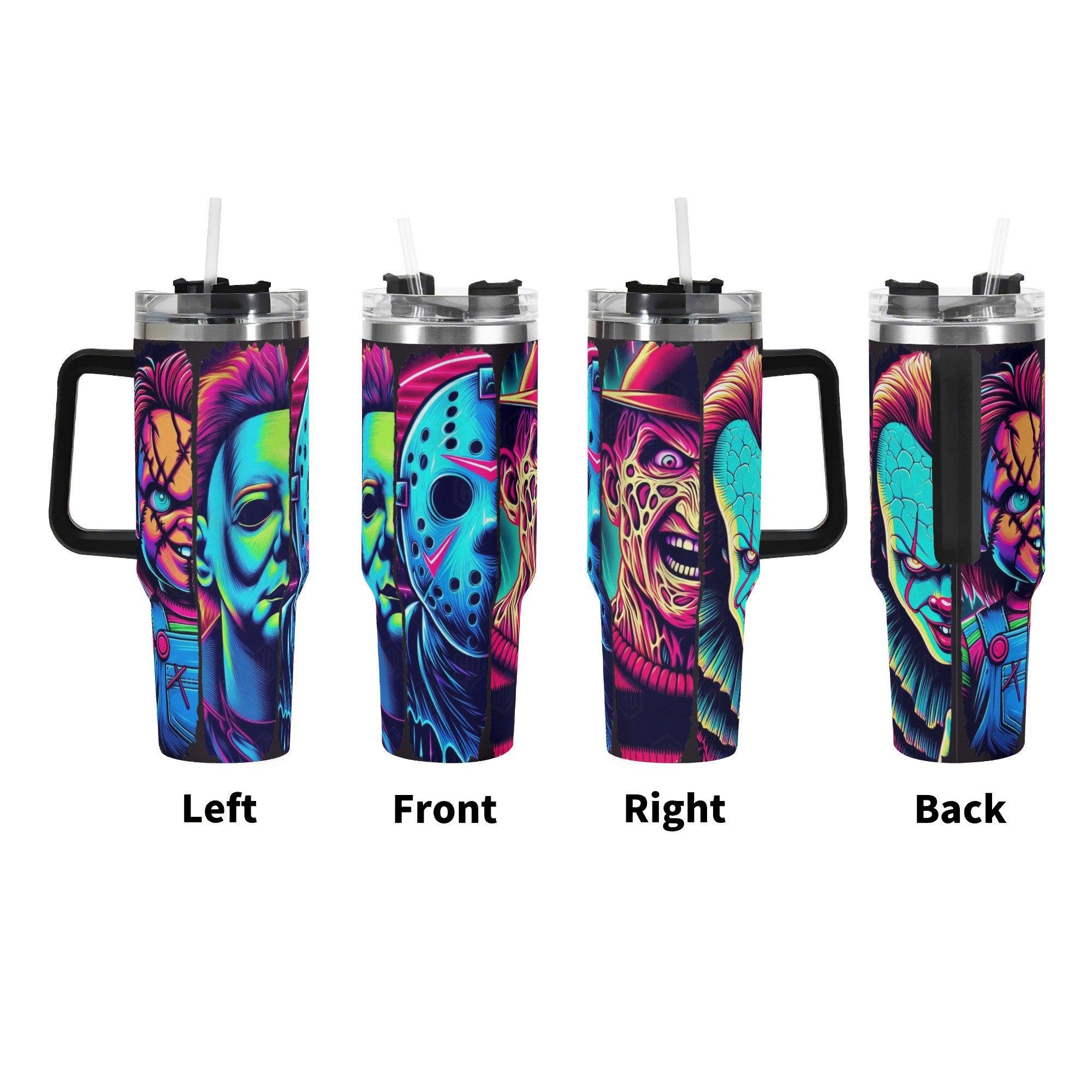Neon Nightmare Legends Halloween Horror 40oz Insulated Stainless Steel Tumbler with Handle and Straw - Thumbnail 2