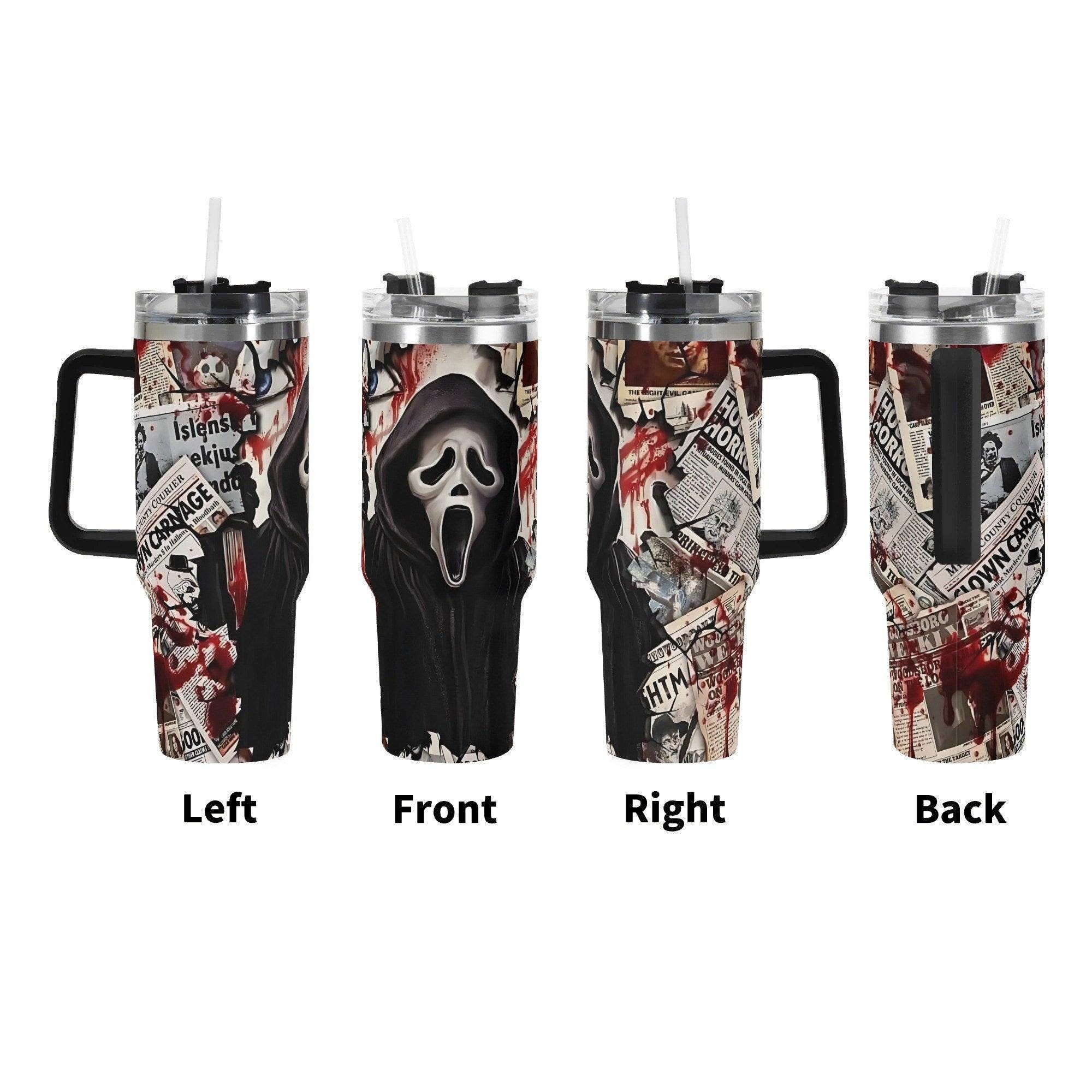 Bloody Headlines Ghostface Halloween Horror 40oz Stainless Steel Tumbler with Handle & Straw - Thumbnail 2
