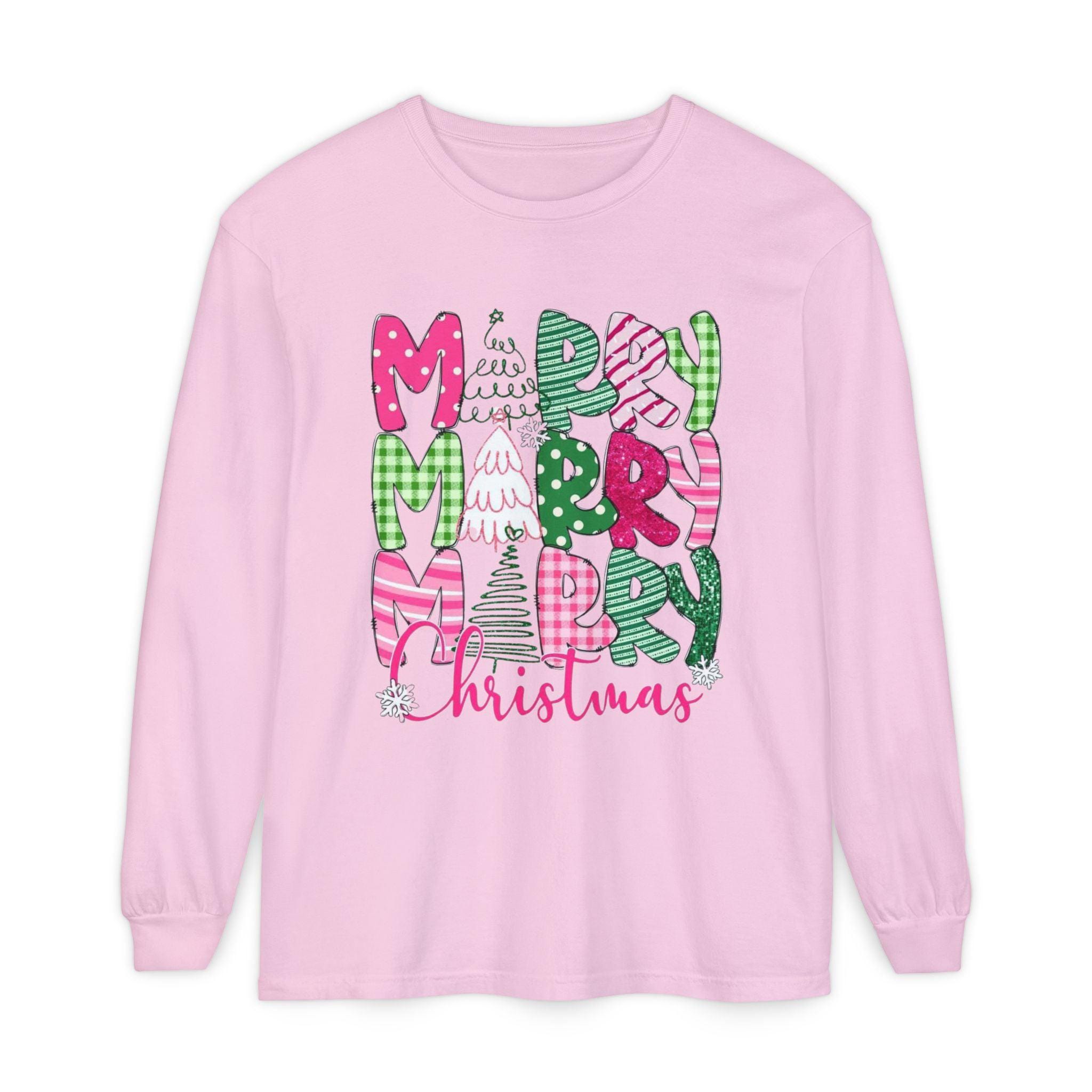 Pink Christmas Long Sleeve T-Shirt: Plaid & Polka Dot Design