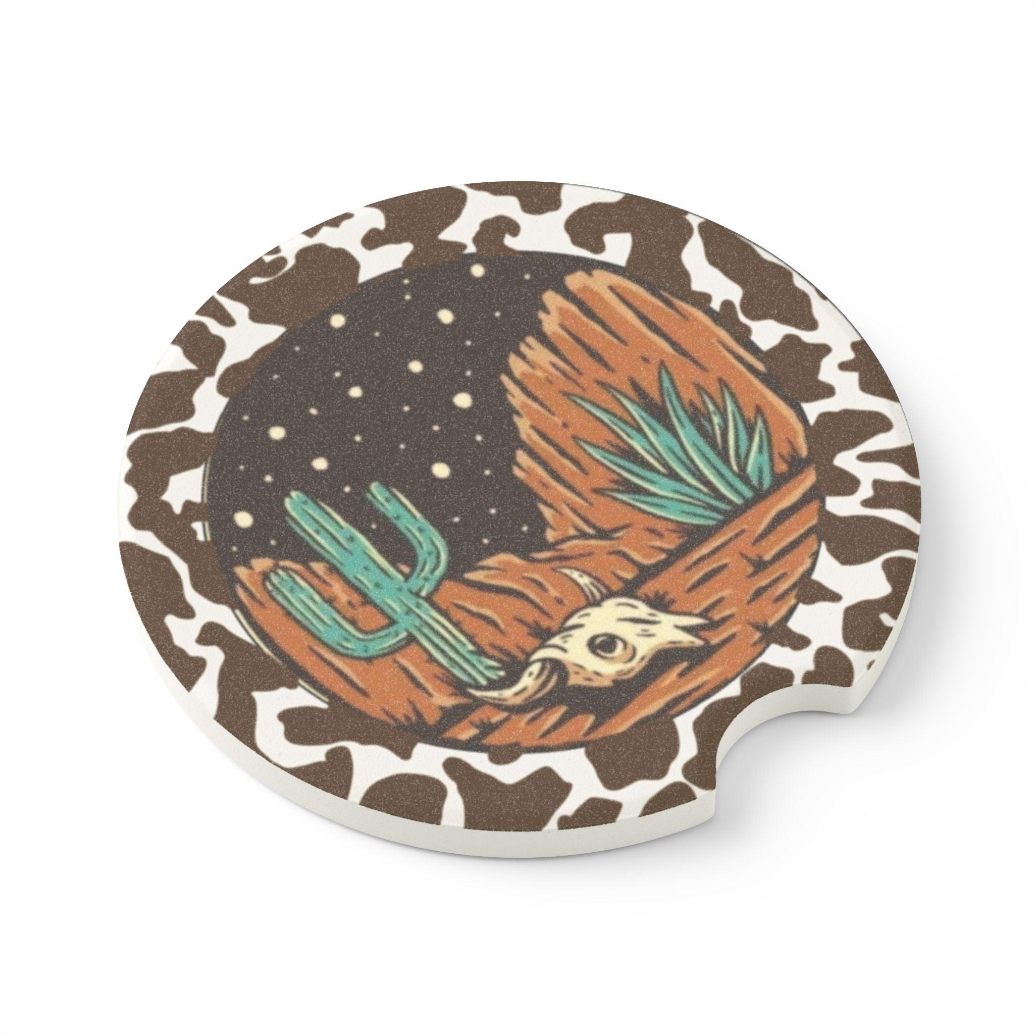 Western Desert Cow Print Ceramic Car Coasters - 2 Pack - Thumbnail 2
