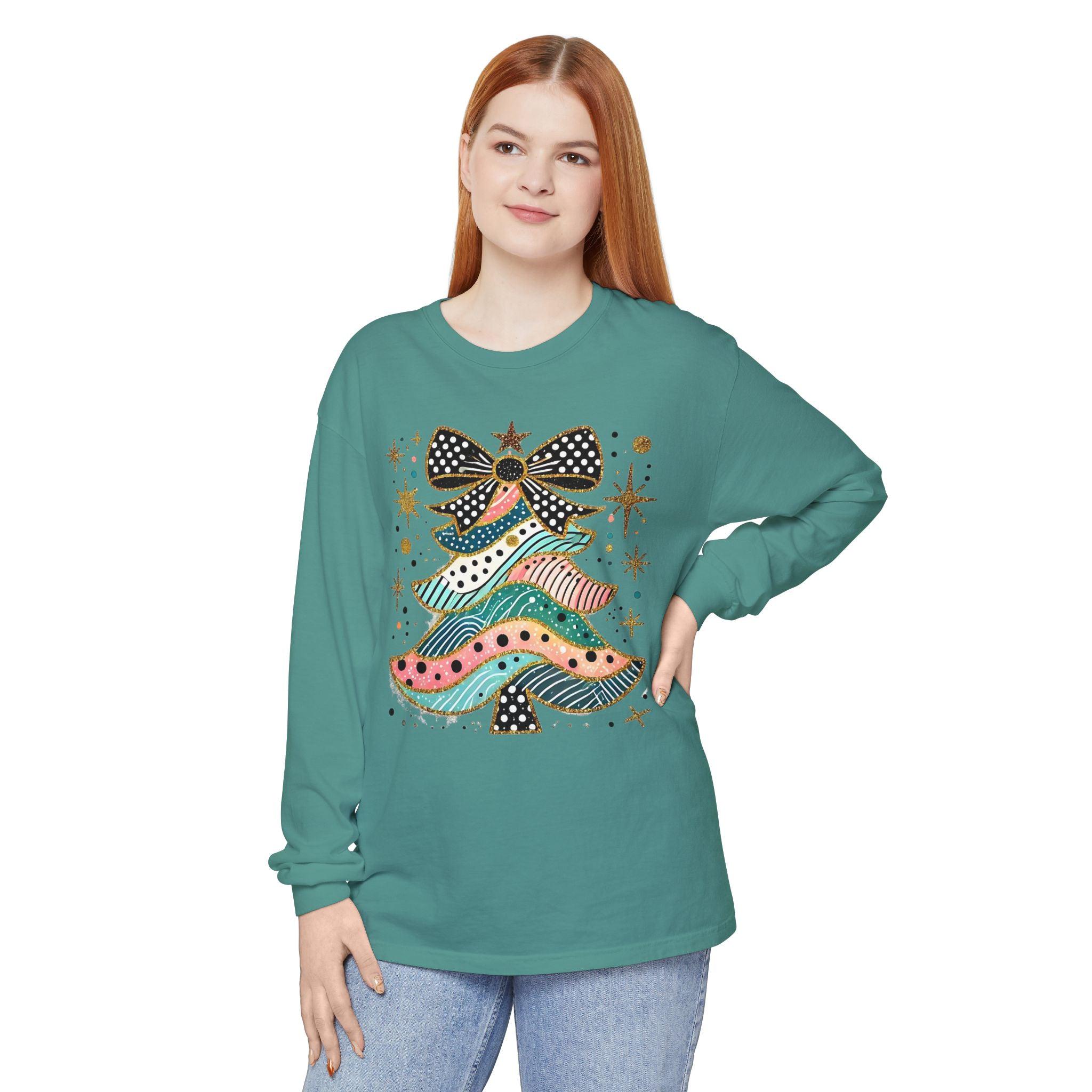 Pastel Polka Dot Glitter Christmas Tree Women's Long Sleeve T-Shirt - Thumbnail 4