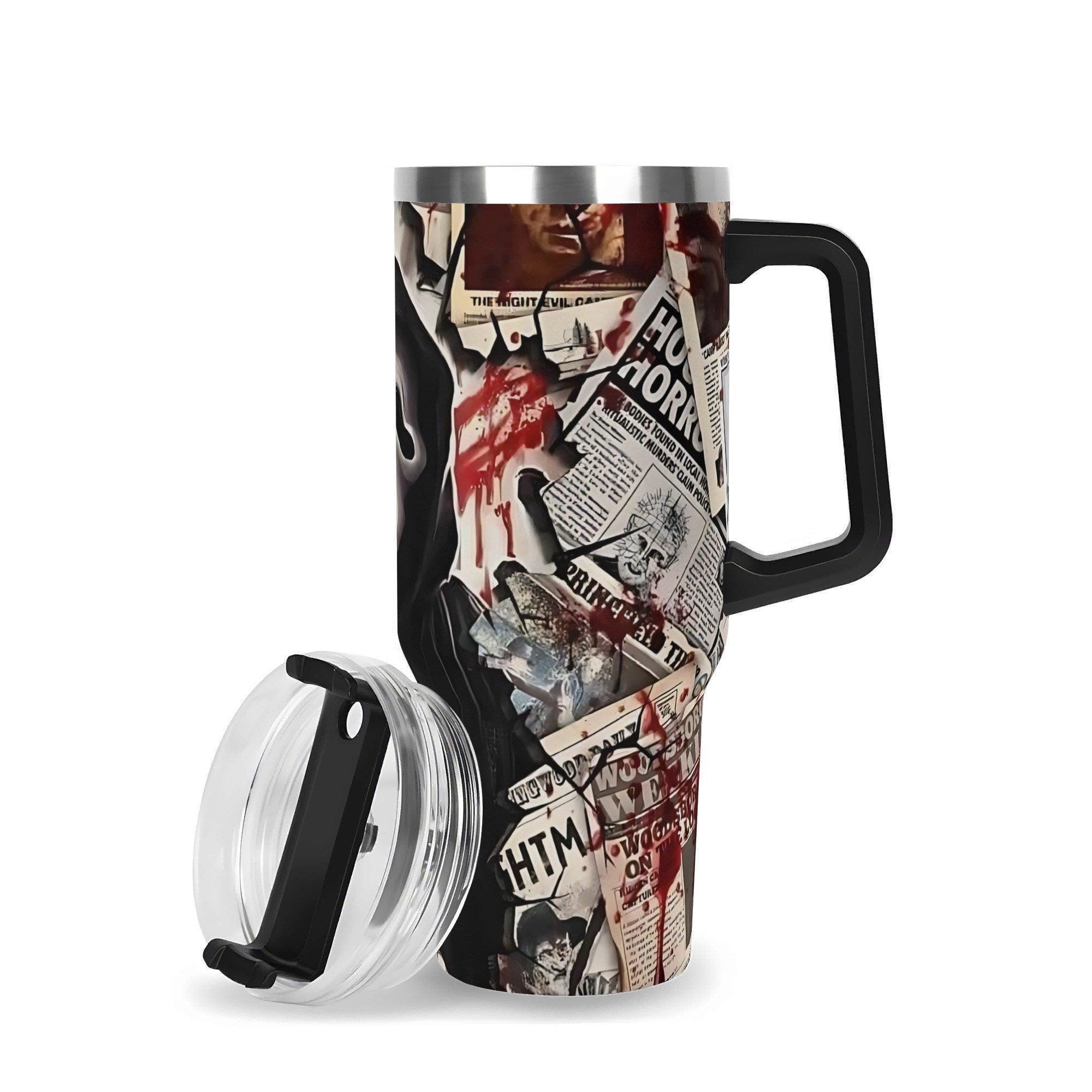 Bloody Headlines Ghostface Halloween Horror 40oz Stainless Steel Tumbler with Handle & Straw - Thumbnail 4