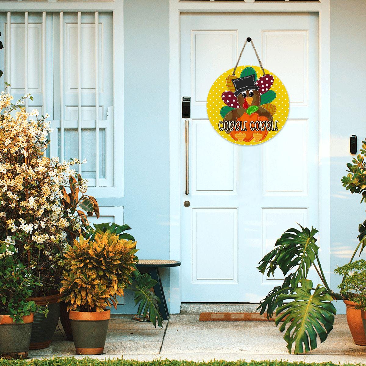 Gobble Gobble Turkey Thanksgiving Round Wooden Door Hanger - Thumbnail 3