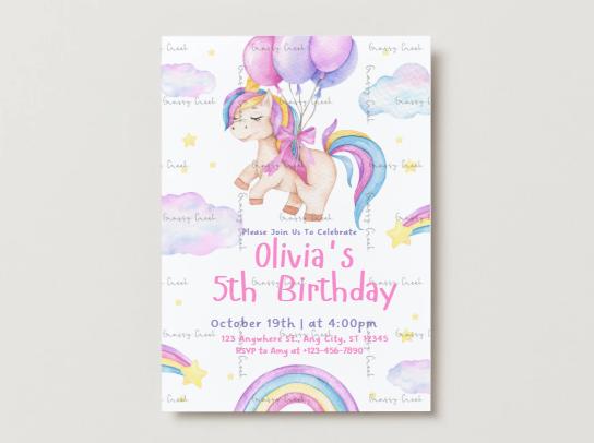 Unicorn & Rainbow Watercolor Themed Customized Printable Birthday Invitation - Digital Download