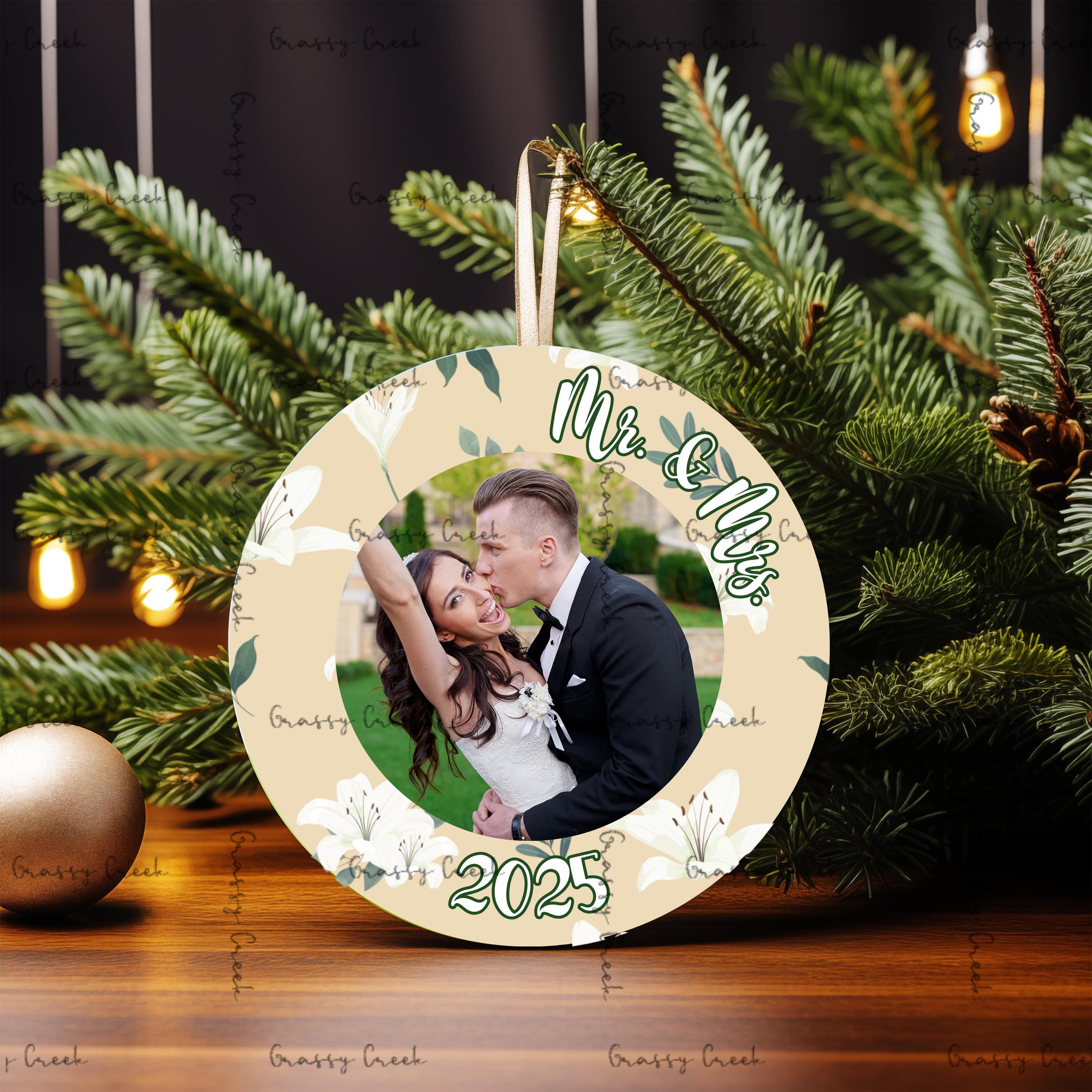 Personalized White Floral Wedding Ornament, Mr & Mrs, Newlywed Gift, Christmas Keepsake, Engagement Celebration - Thumbnail 3