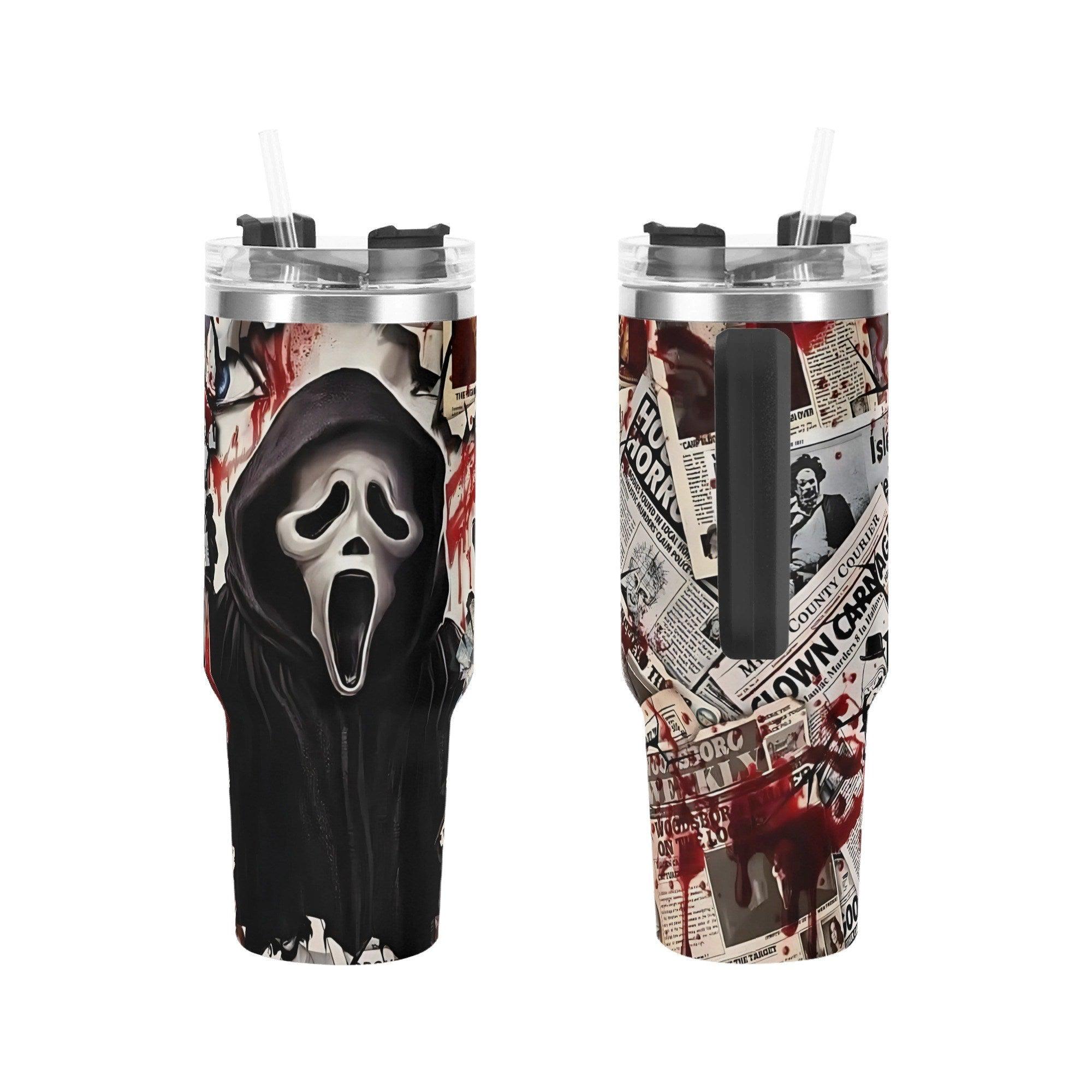 Bloody Headlines Ghostface Halloween Horror 40oz Stainless Steel Tumbler with Handle & Straw - Thumbnail 3