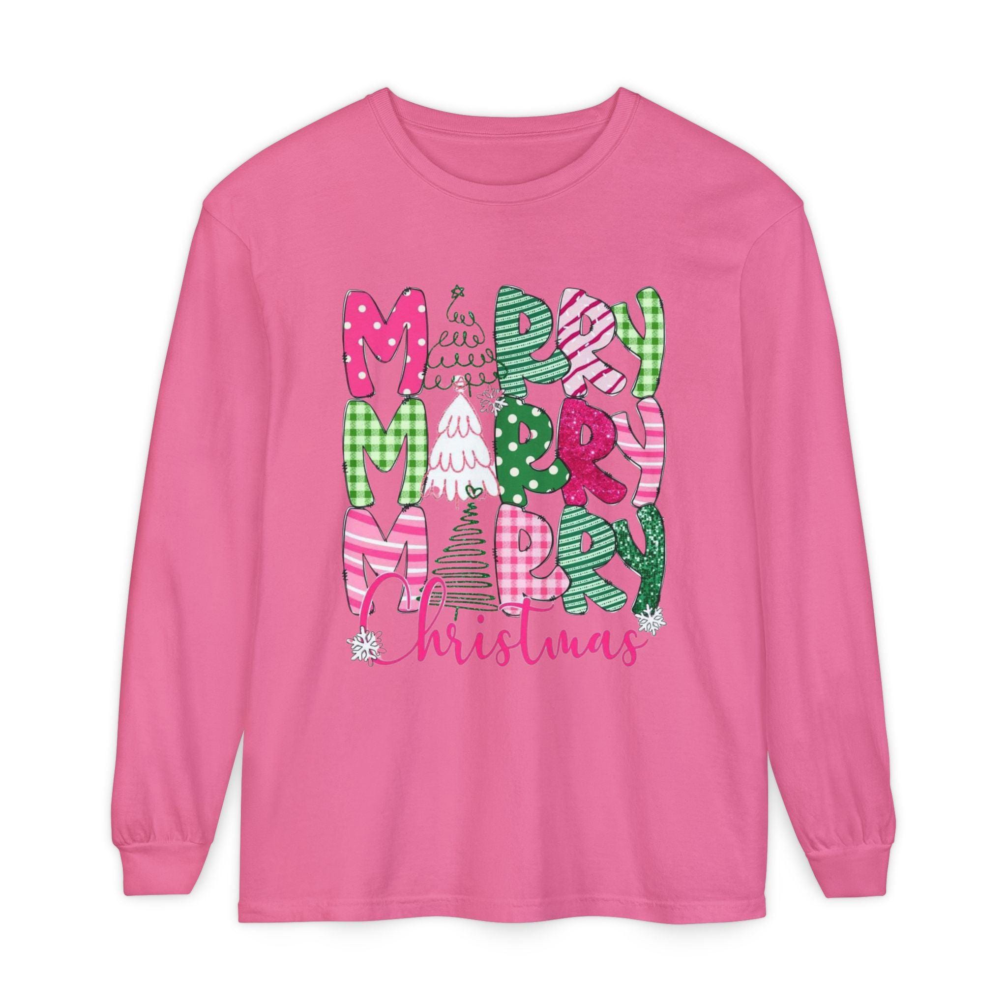 Pink Christmas Long Sleeve T-Shirt: Plaid & Polka Dot Design - Thumbnail 2