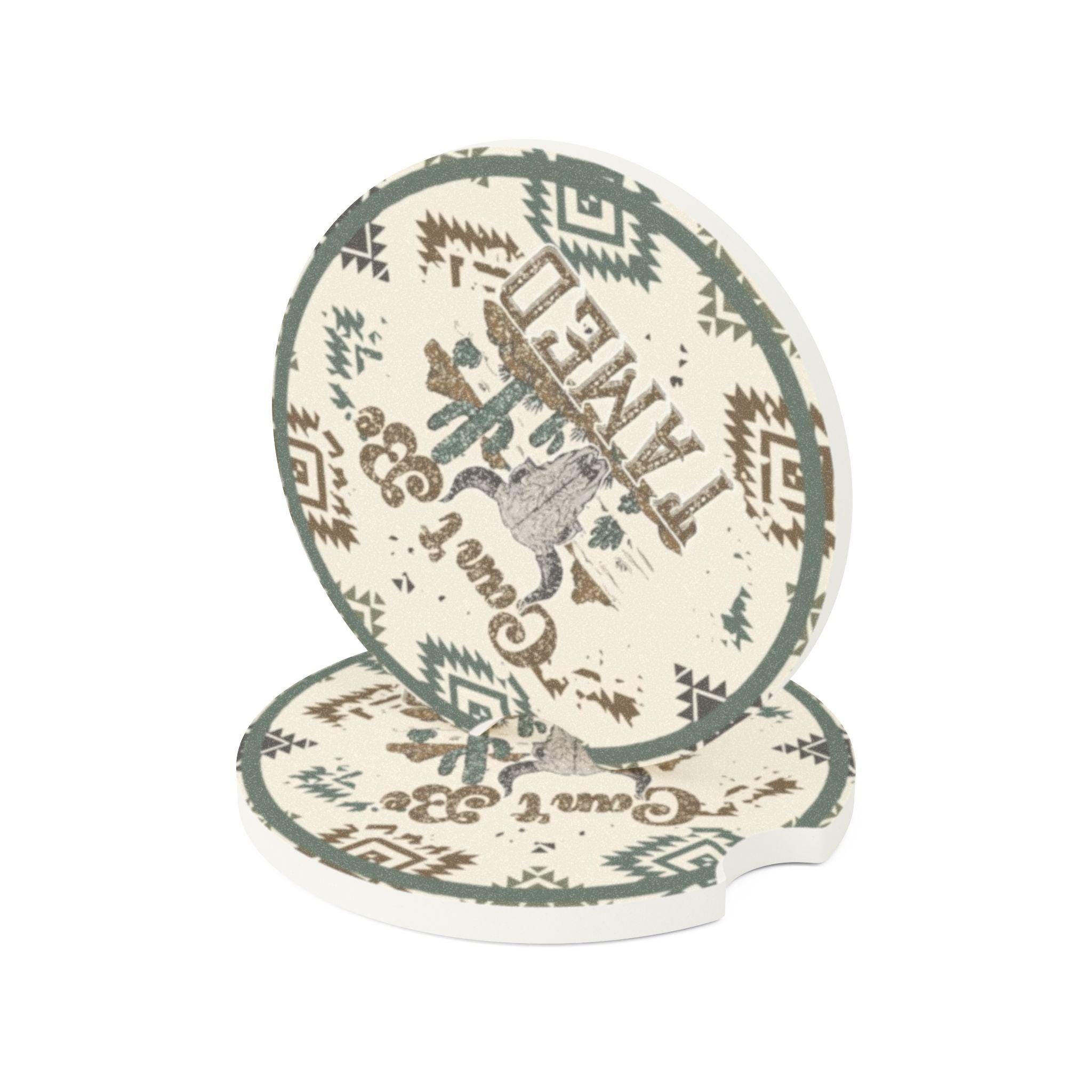 Western Can’t Be Tamed Bull Skull Aztec Print Ceramic Car Coaster - 2 pack - Thumbnail 3