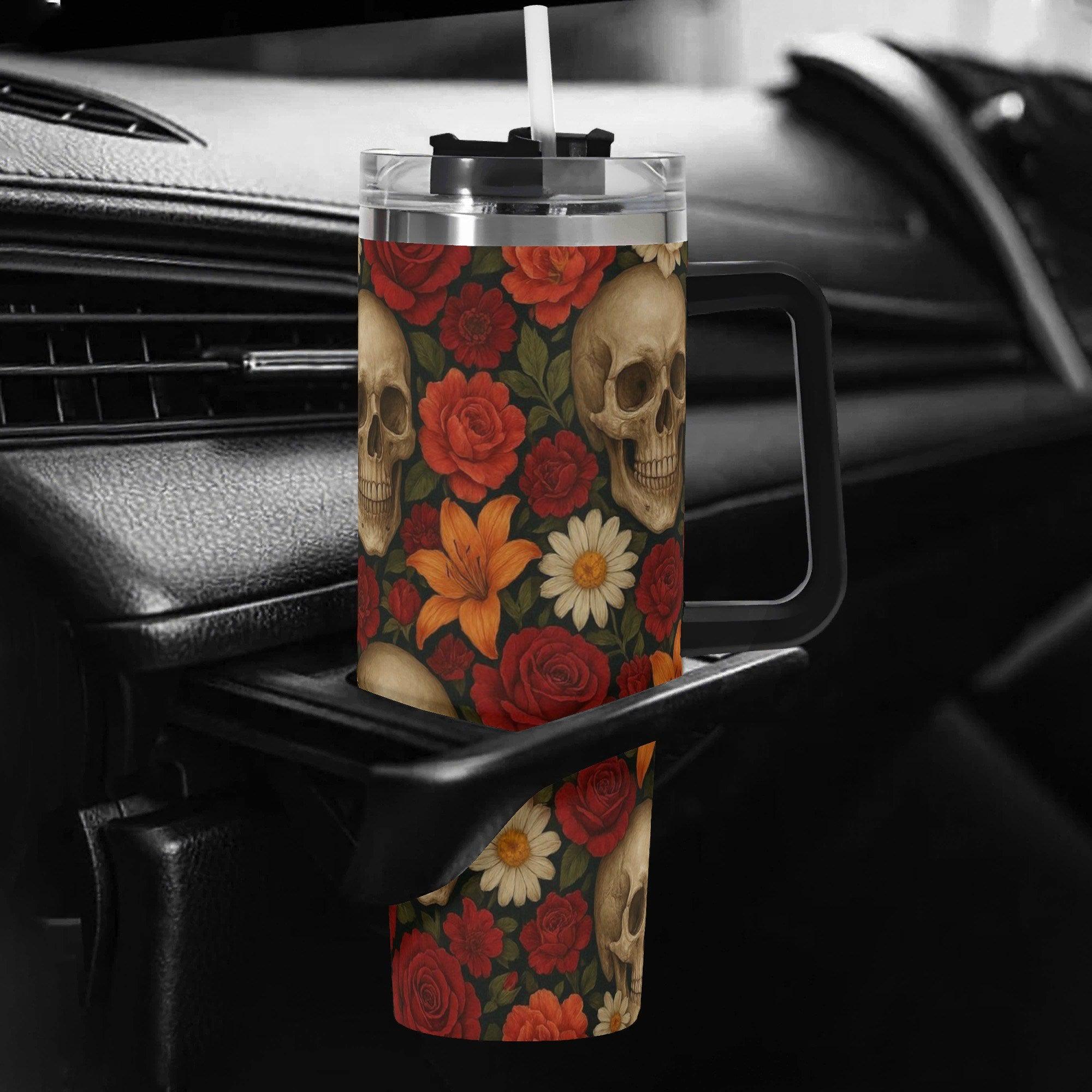 Skulls in Bloom 40oz Stainless Steel Tumbler With Handle and Straw - Thumbnail 6
