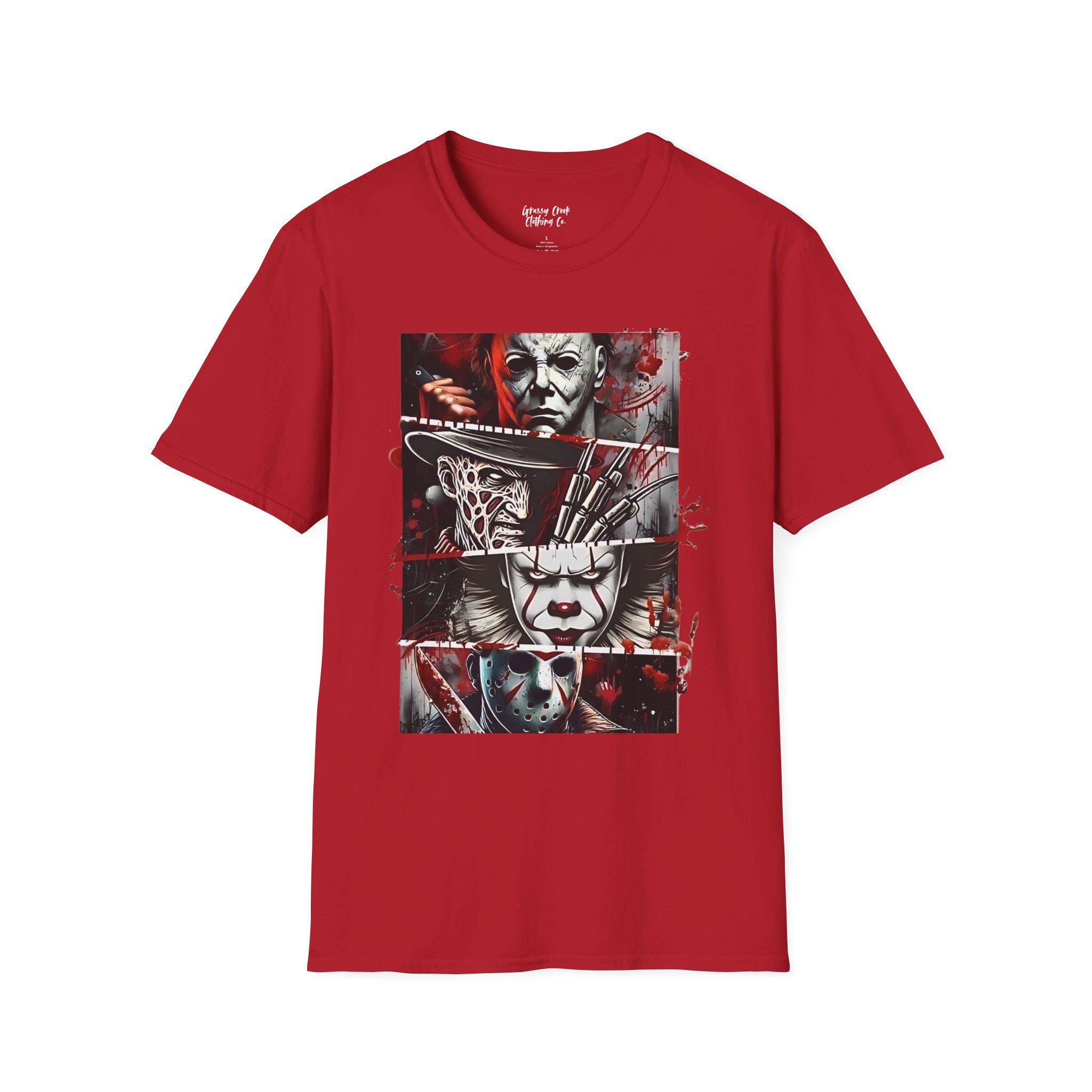 Stacked Classic Horror Movie Characters Unisex (Freddy, Jason, Pennywise, Michael Myers) Graphic T-Shirt - Thumbnail 3