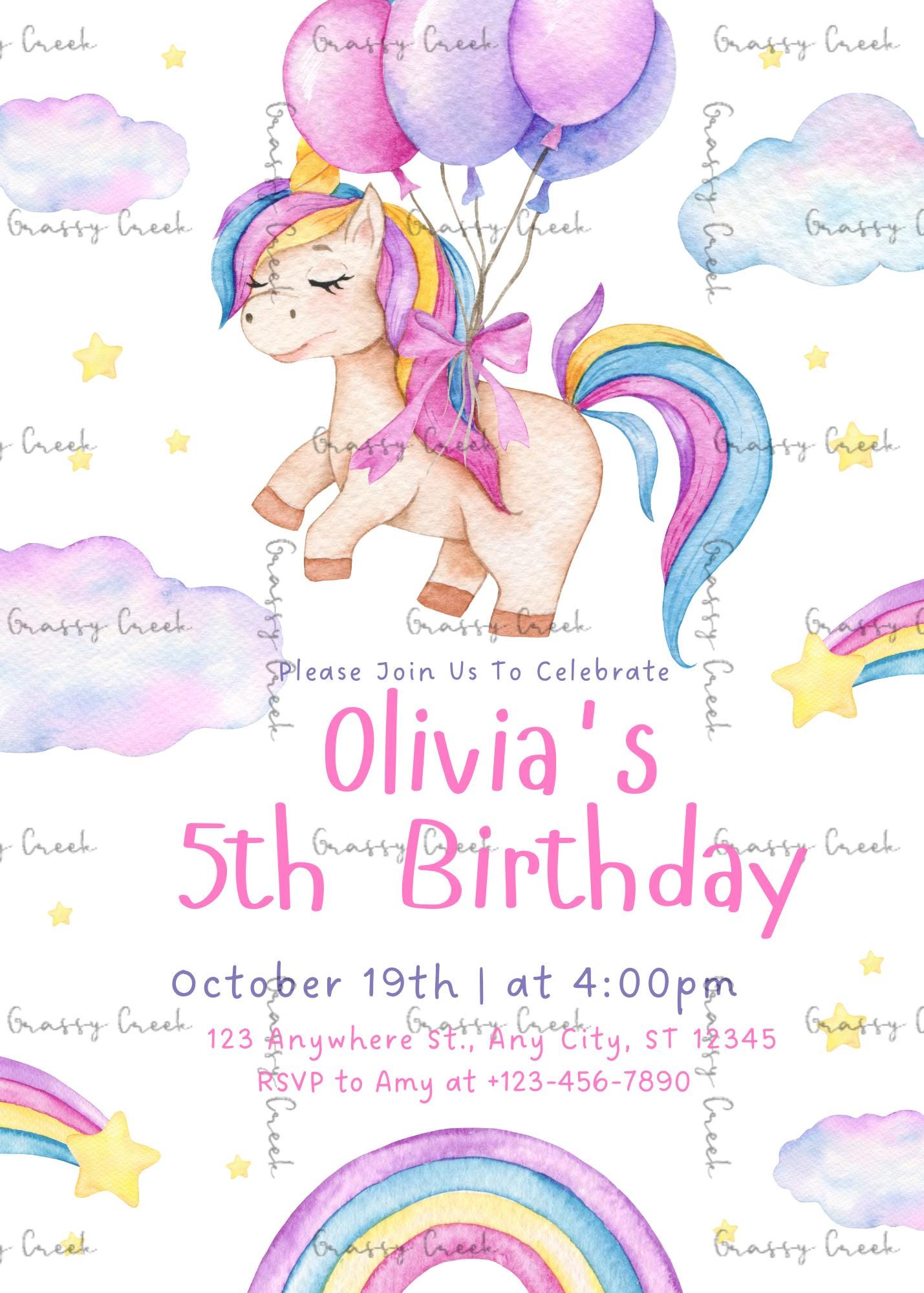 Unicorn & Rainbow Watercolor Themed Customized Printable Birthday Invitation - Digital Download - Thumbnail 3