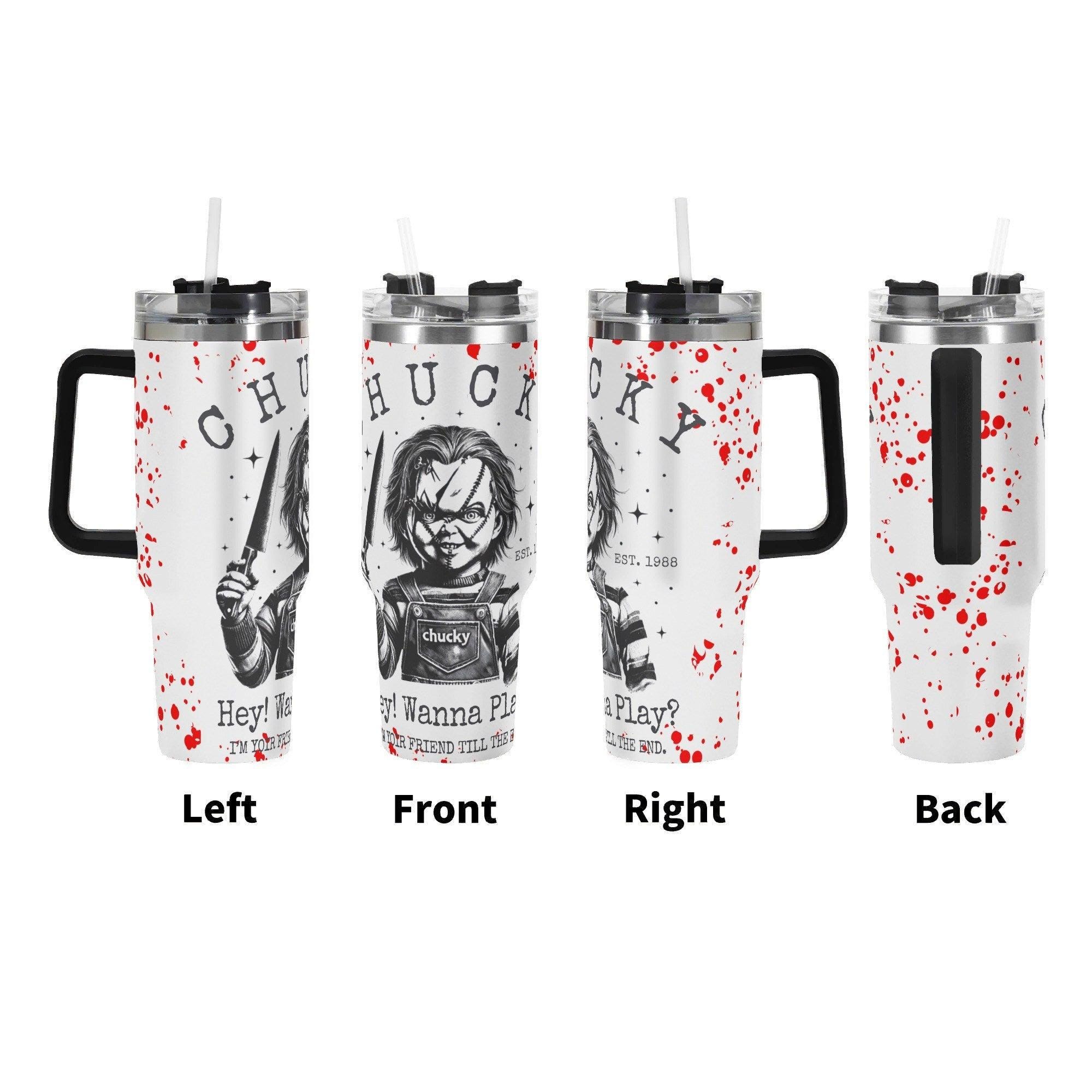 Chuckie Wants To Play Halloween Horror 40oz Stainless Steel Tumbler With Handle and Straw - Thumbnail 3