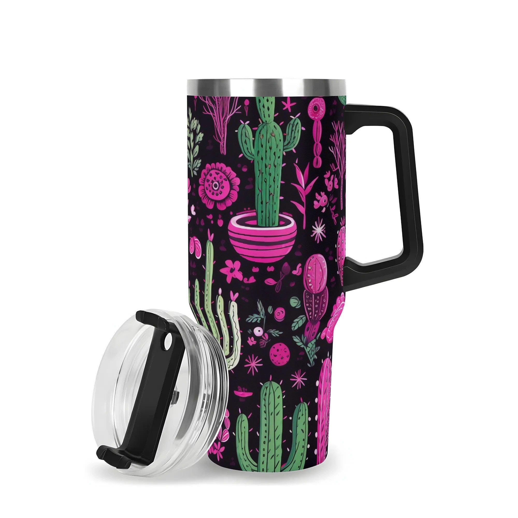 Neon Desert Blooms 40oz Stainless Steel Tumbler With Handle and Straw - Thumbnail 4