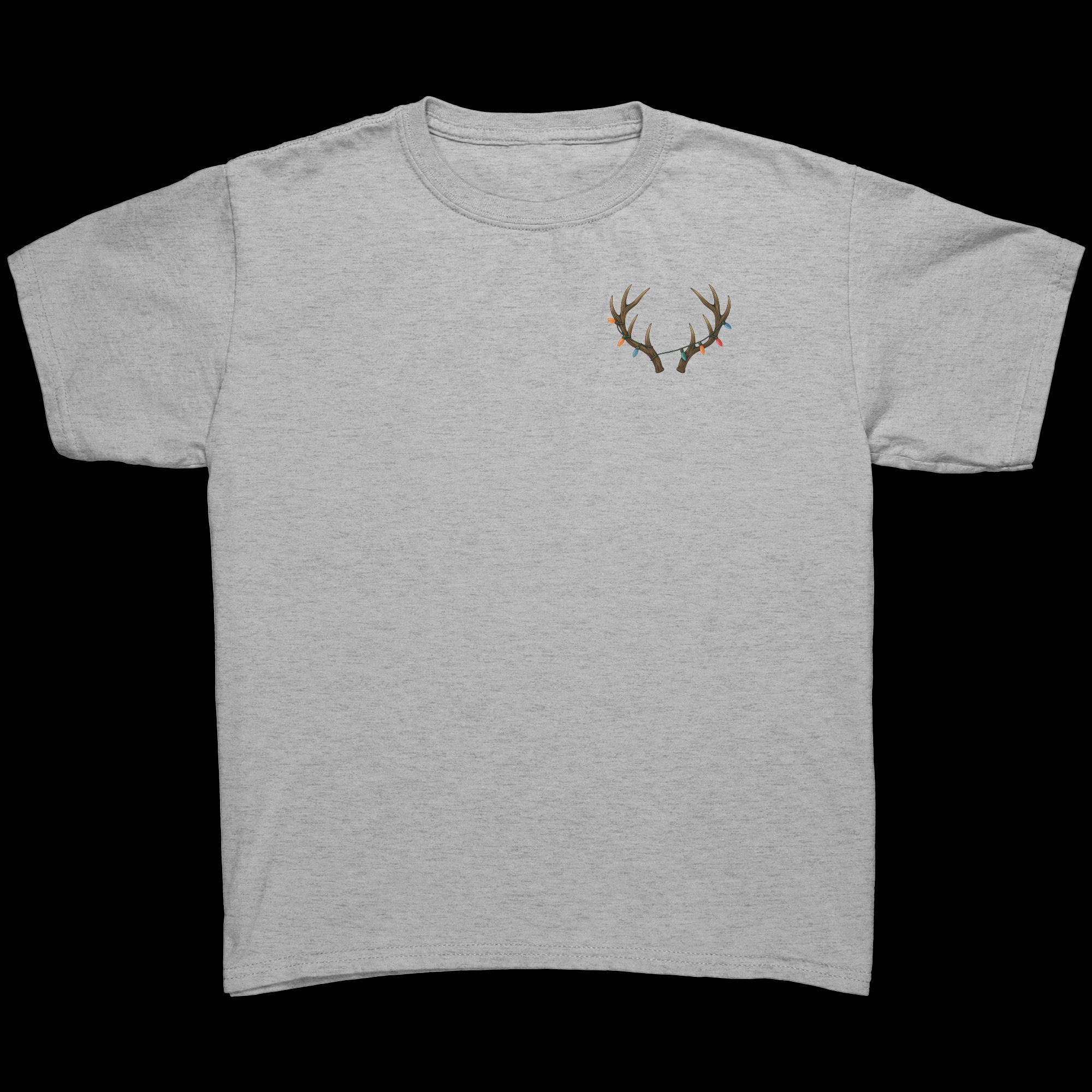 Kids Holiday Deer T-Shirt – Antlers & Christmas Lights Fun – Too Bright to Blend In - Thumbnail 2