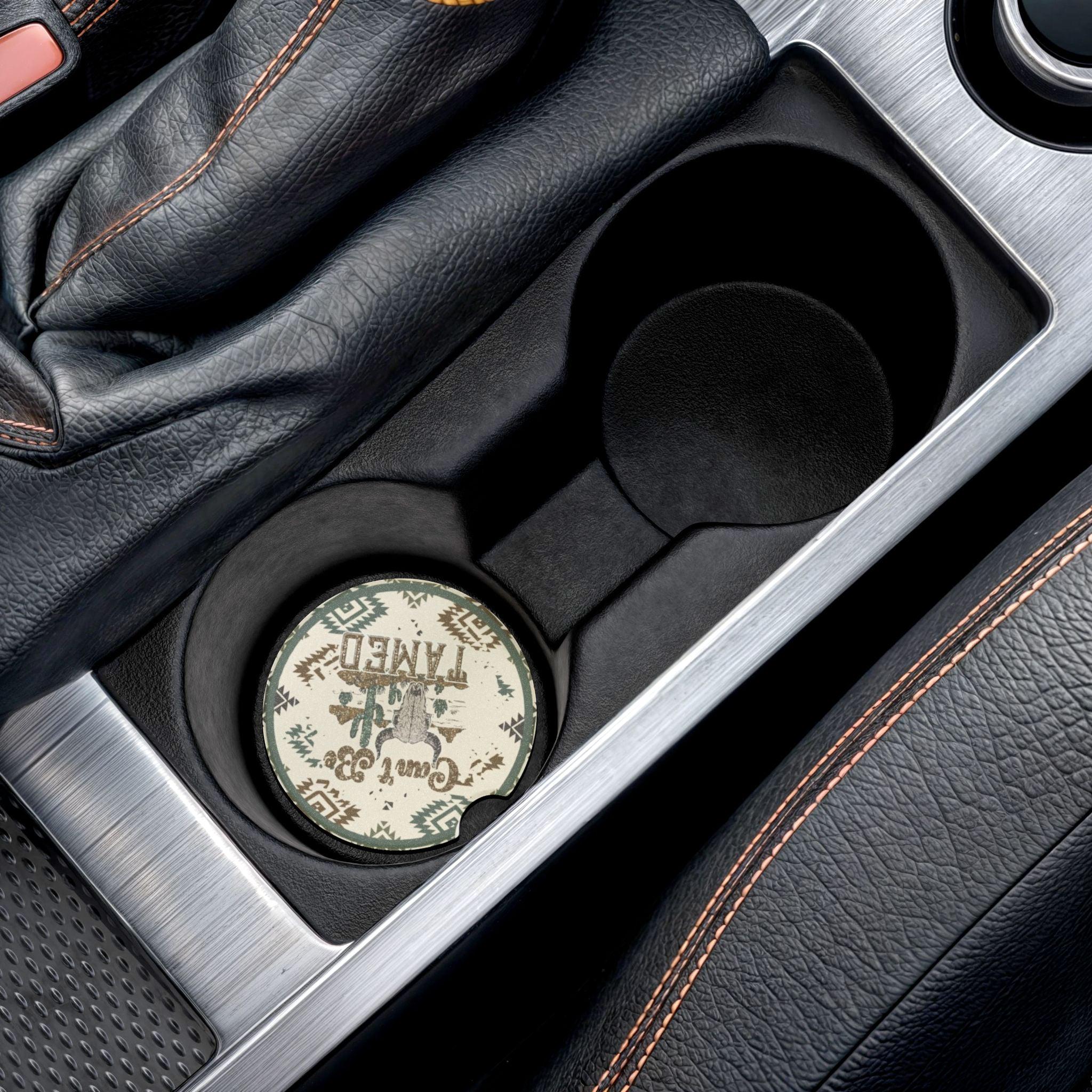 Western Can’t Be Tamed Bull Skull Aztec Print Ceramic Car Coaster - 2 pack - Thumbnail 4