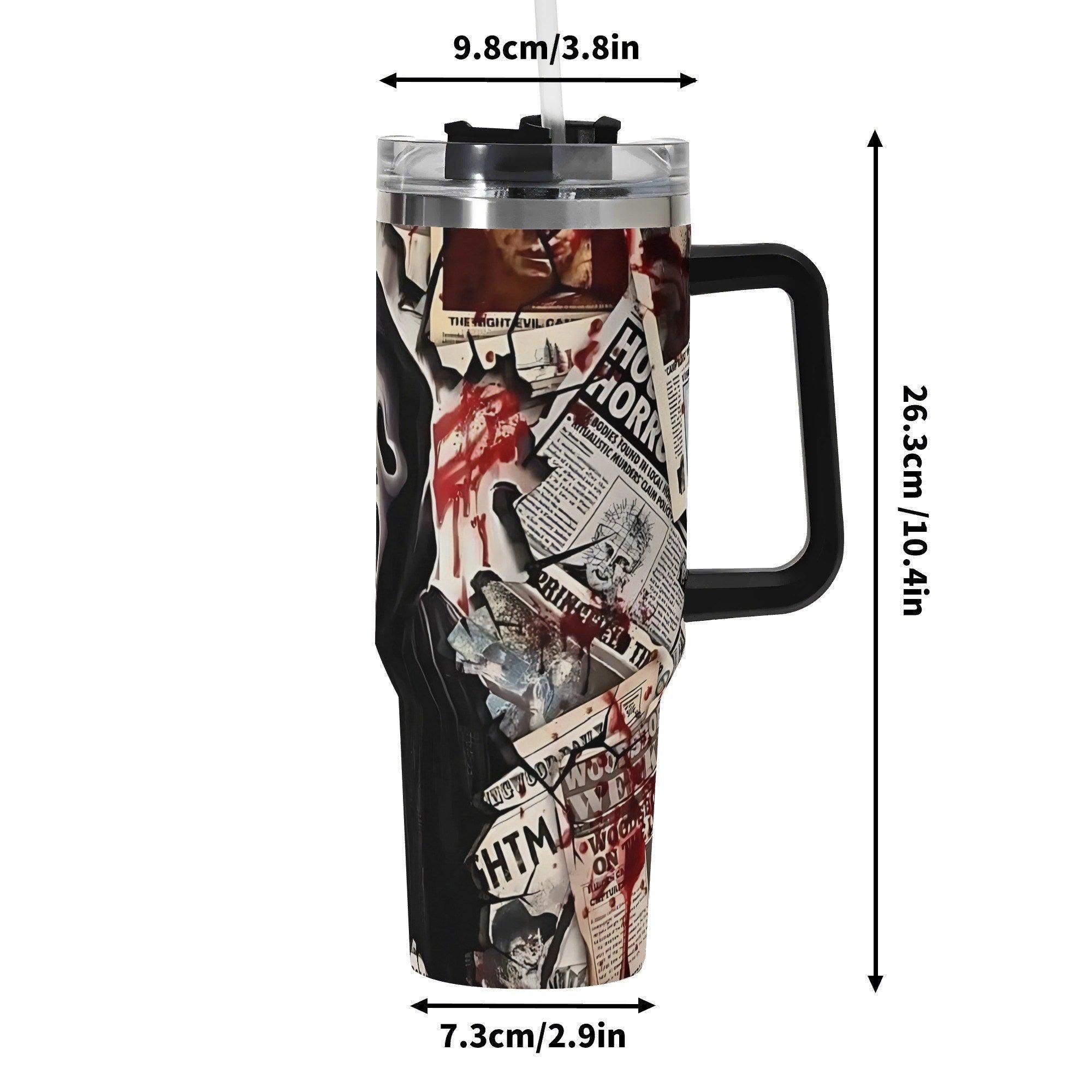 Bloody Headlines Ghostface Halloween Horror 40oz Stainless Steel Tumbler with Handle & Straw - Thumbnail 7