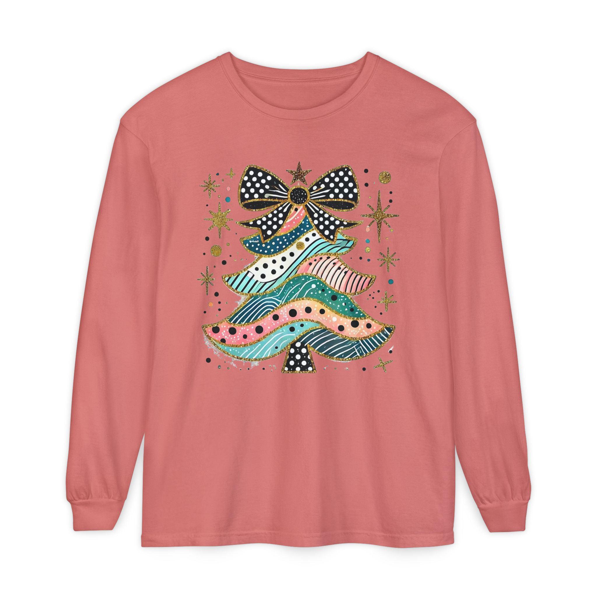 Pastel Polka Dot Glitter Christmas Tree Women's Long Sleeve T-Shirt - Thumbnail 3