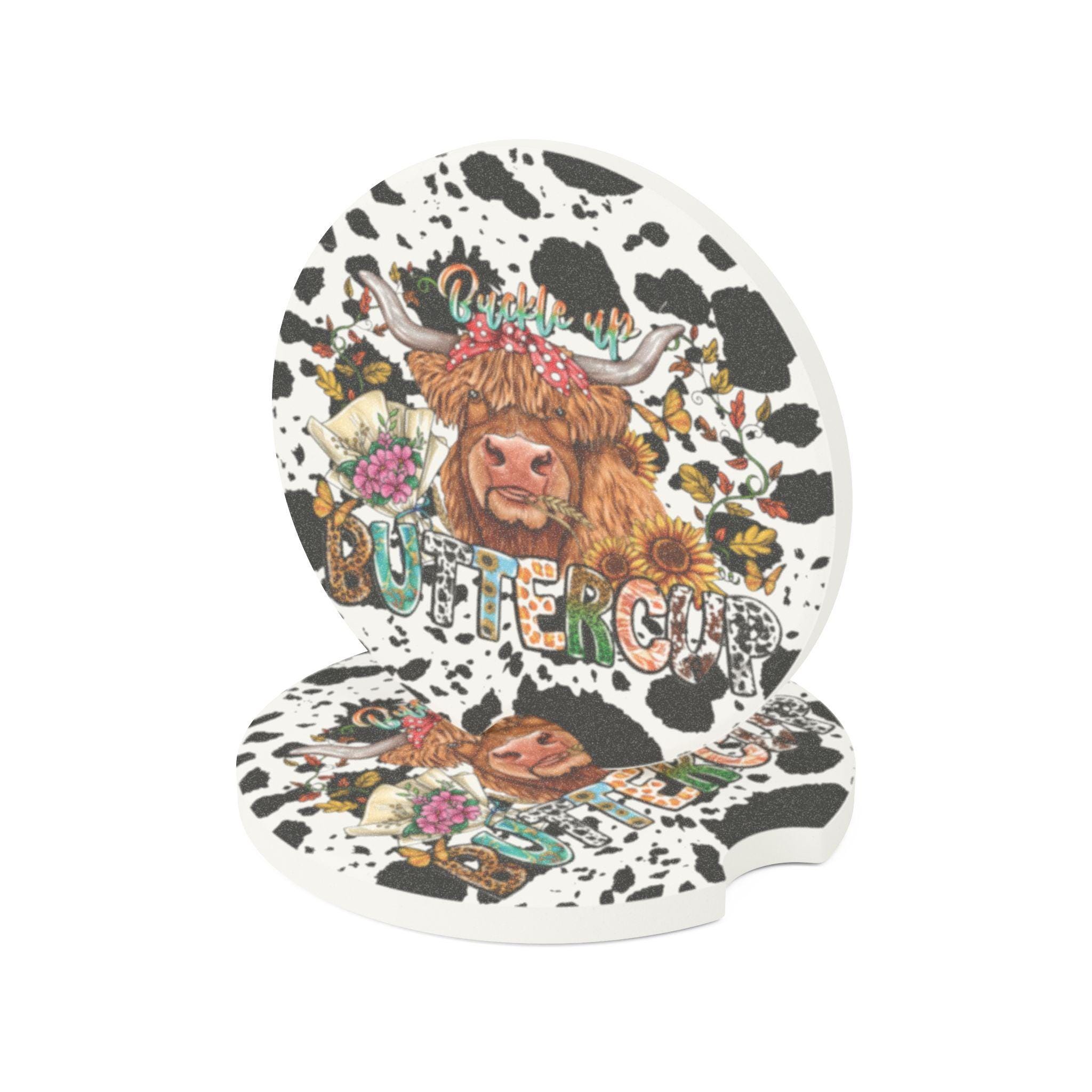 Buckle Up Buttercup Highland Cow Ceramic Car Coasters - 2 Pack - Thumbnail 4