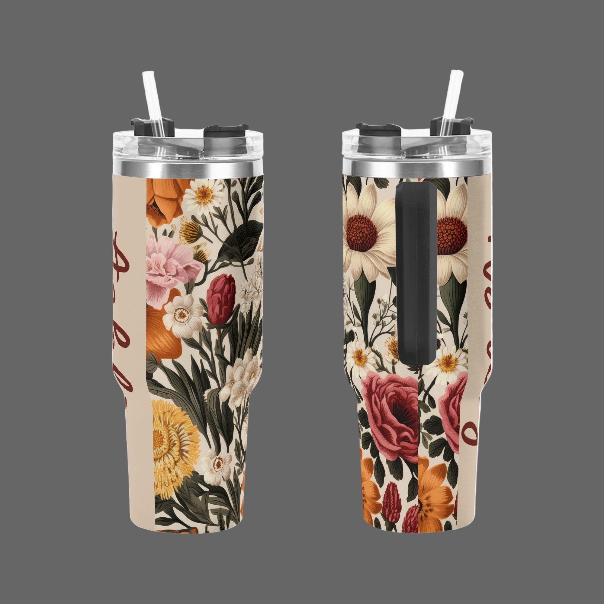 Wildflower Whispers – Custom 40oz Stainless Steel Tumbler with Handle & Straw - Thumbnail 2