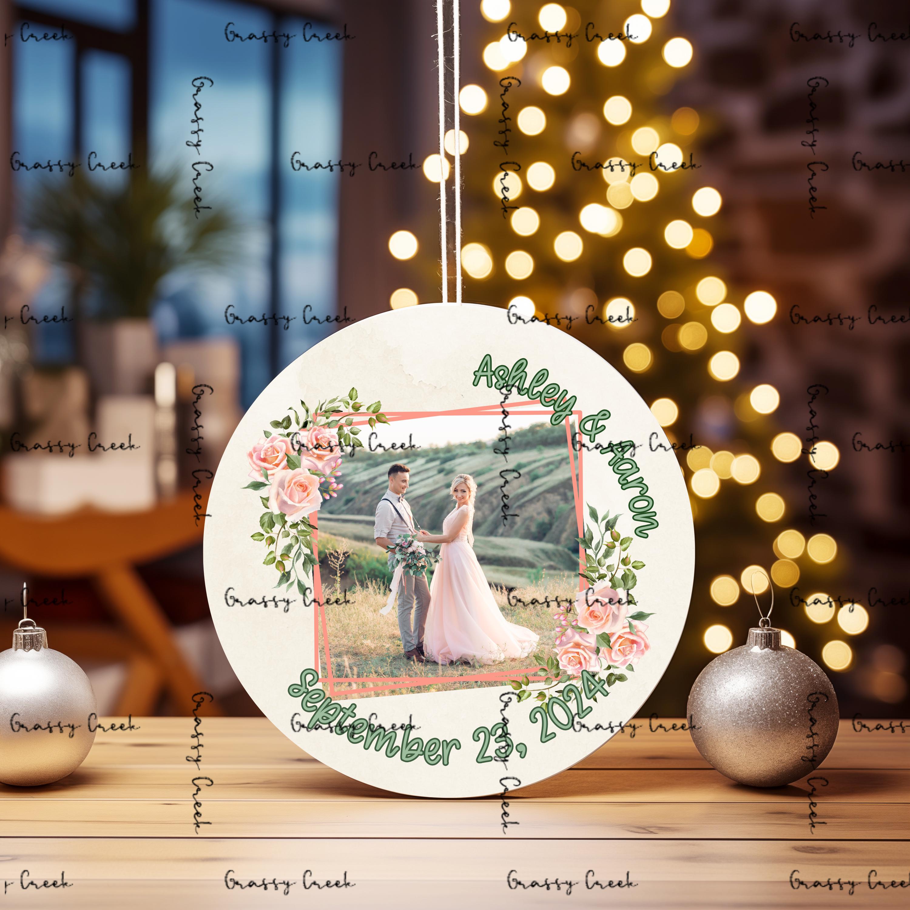 Personalized Romantic Floral Wedding Photo Ornament - Thumbnail 3